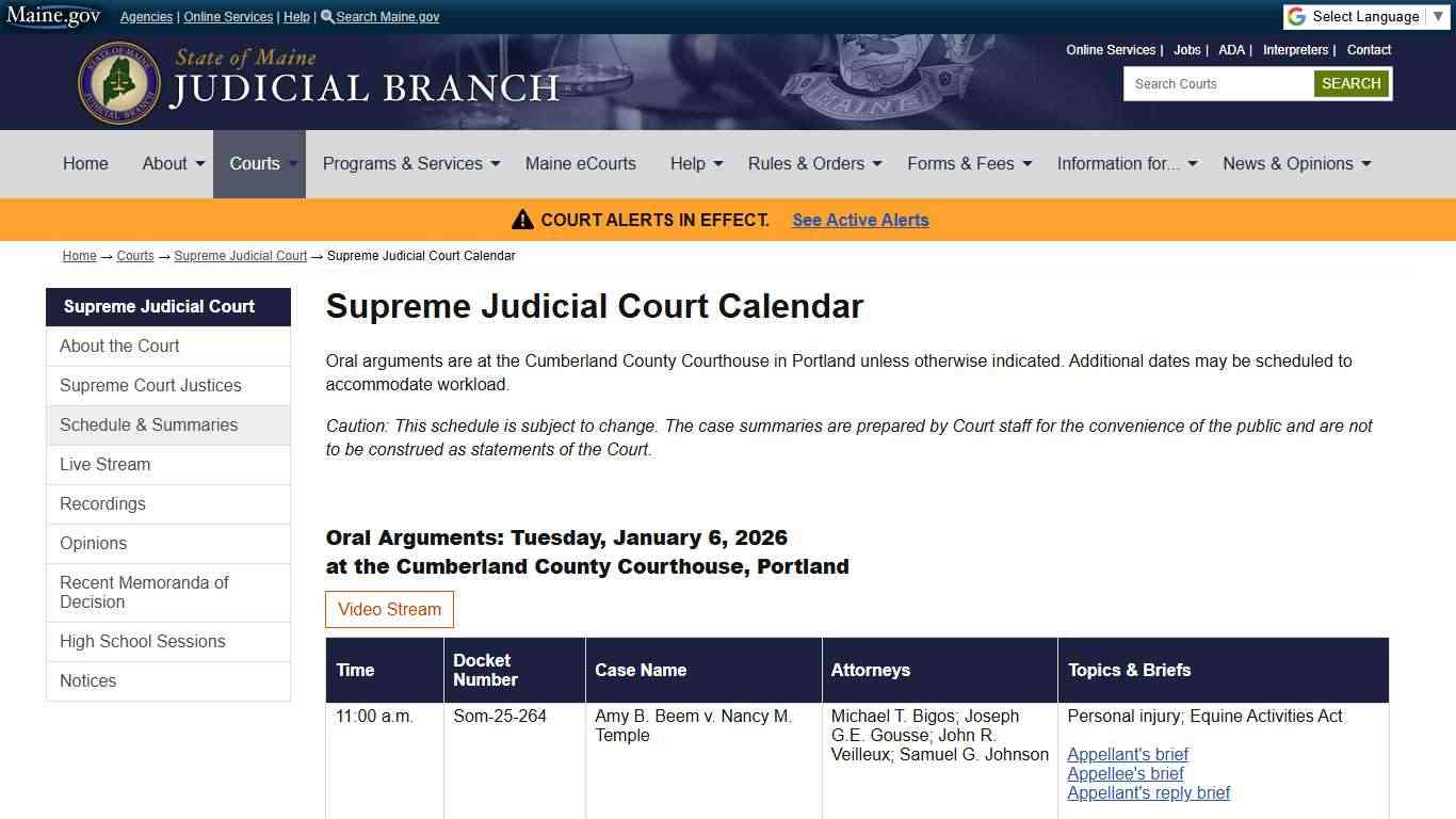 Supreme Court Calendar: State of Maine Judicial Branch